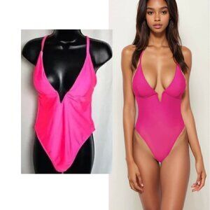 138.🆕️XL Pink Swimsuit 1 Piece Swi Suit Deep V Neck Crisscross Back NWT